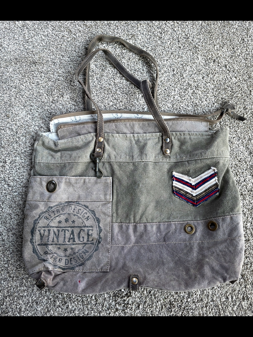 Myra Bag Two-Tone Olive and Gray Canvas Tote with Chevron Patch
